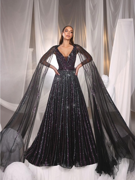 Catwalk Dresses & Skirts - Catwalk 50322 Black Multicolor Sequin V-Neck Prom Gown with Sheer Cape